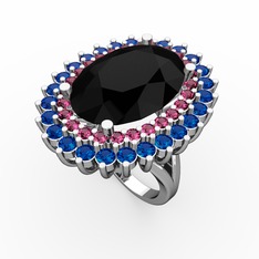 Neşe Yüzük - Siyah zirkon, rodolit garnet ve lab safir 8 ayar beyaz altın yüzük #amoib6