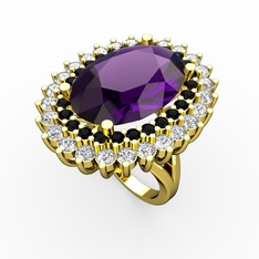 Ametist, siyah zirkon ve swarovski 8 ayar altın yüzük