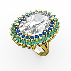 Swarovski, lab safir ve yeşil kuvars 18 ayar altın yüzük