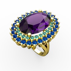 Neşe Yüzük - Ametist, yeşil kuvars ve lab safir 14 ayar altın yüzük #bn5d07