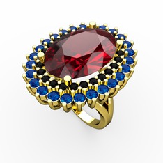 Garnet, siyah zirkon ve lab safir 8 ayar altın yüzük