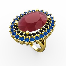 Kök yakut, siyah zirkon ve lab safir 8 ayar altın yüzük