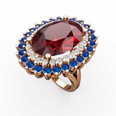Garnet, pırlanta ve lab safir 14 ayar rose altın yüzük (0.936 karat)