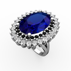 Lab safir, siyah zirkon ve swarovski 18 ayar beyaz altın yüzük