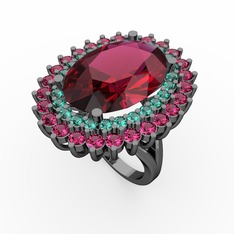 Rodolit garnet ve yeşil kuvars 925 ayar siyah rodyum kaplama gümüş yüzük