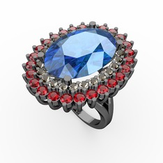 Akuamarin, dumanlı kuvars ve garnet 925 ayar siyah rodyum kaplama gümüş yüzük
