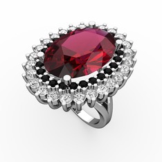 Rodolit garnet, siyah zirkon ve beyaz zirkon 18 ayar beyaz altın yüzük