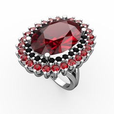 Garnet ve siyah zirkon 18 ayar beyaz altın yüzük