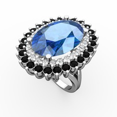 Neşe Yüzük - Akuamarin, swarovski ve siyah zirkon 18 ayar beyaz altın yüzük #e4zdpu
