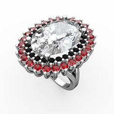 Swarovski, siyah zirkon ve garnet 14 ayar beyaz altın yüzük