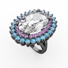 Neşe Yüzük - Swarovski, ametist ve akuamarin 925 ayar siyah rodyum kaplama gümüş yüzük #fd9mk3