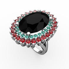 Siyah zirkon, yeşil kuvars ve garnet 14 ayar beyaz altın yüzük