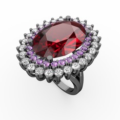 Neşe Yüzük - Garnet, ametist ve beyaz zirkon 925 ayar siyah rodyum kaplama gümüş yüzük #gm4rvw