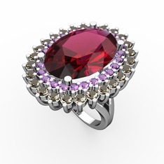 Rodolit garnet, ametist ve dumanlı kuvars 14 ayar beyaz altın yüzük