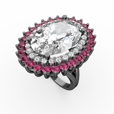 Neşe Yüzük - Beyaz zirkon ve rodolit garnet 925 ayar siyah rodyum kaplama gümüş yüzük #h9ml1o