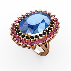 Akuamarin, siyah zirkon ve rodolit garnet 14 ayar rose altın yüzük