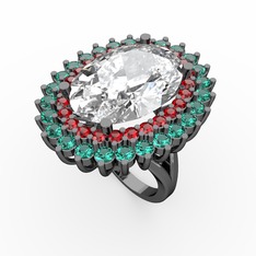 Neşe Yüzük - Beyaz zirkon, garnet ve yeşil kuvars 925 ayar siyah rodyum kaplama gümüş yüzük #hnw8tt