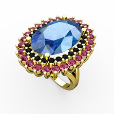 Akuamarin, siyah zirkon ve rodolit garnet 8 ayar altın yüzük