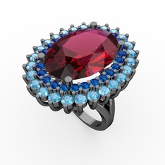 Neşe Yüzük - Rodolit garnet, lab safir ve akuamarin 925 ayar siyah rodyum kaplama gümüş yüzük #iiym8s