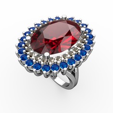 Garnet, dumanlı kuvars ve lab safir 14 ayar beyaz altın yüzük