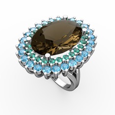 Dumanlı kuvars, yeşil kuvars ve akuamarin 18 ayar beyaz altın yüzük