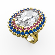 Swarovski, rodolit garnet ve lab safir 14 ayar altın yüzük