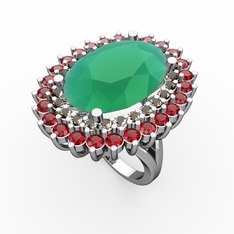 Kök zümrüt, dumanlı kuvars ve garnet 14 ayar beyaz altın yüzük