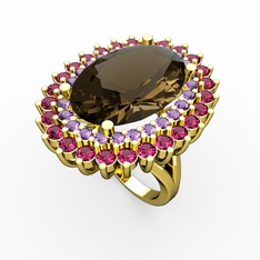 Dumanlı kuvars, ametist ve rodolit garnet 8 ayar altın yüzük