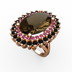 Neşe Yüzük - Dumanlı kuvars, rodolit garnet ve siyah zirkon 14 ayar rose altın yüzük #l1ohvb