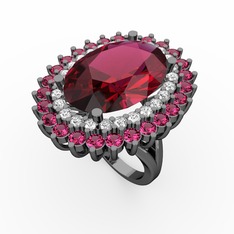 Rodolit garnet ve beyaz zirkon 925 ayar siyah rodyum kaplama gümüş yüzük