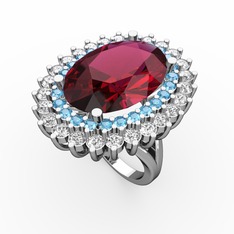 Neşe Yüzük - Rodolit garnet, akuamarin ve beyaz zirkon 18 ayar beyaz altın yüzük #luk09b