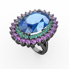 Neşe Yüzük - Akuamarin, yeşil kuvars ve ametist 925 ayar siyah rodyum kaplama gümüş yüzük #lyu98r