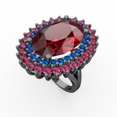 Garnet, lab safir ve rodolit garnet 925 ayar siyah rodyum kaplama gümüş yüzük