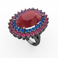 Kök yakut, lab safir ve rodolit garnet 925 ayar siyah rodyum kaplama gümüş yüzük