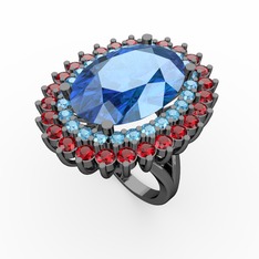 Akuamarin ve garnet 925 ayar siyah rodyum kaplama gümüş yüzük