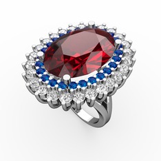 Garnet, lab safir ve swarovski 14 ayar beyaz altın yüzük