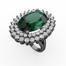 Yeşil kuvars, beyaz zirkon ve pırlanta 925 ayar siyah rodyum kaplama gümüş yüzük (1.56 karat)
