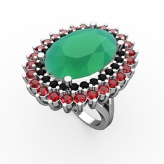 Kök zümrüt, siyah zirkon ve garnet 8 ayar beyaz altın yüzük