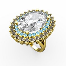 Swarovski, akuamarin ve dumanlı kuvars 925 ayar altın kaplama gümüş yüzük