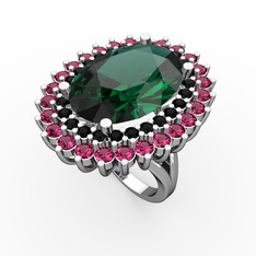Yeşil kuvars, siyah zirkon ve rodolit garnet 18 ayar beyaz altın yüzük