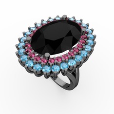 Neşe Yüzük - Siyah zirkon, rodolit garnet ve akuamarin 925 ayar siyah rodyum kaplama gümüş yüzük #ovf6w5