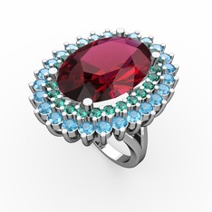 Rodolit garnet, yeşil kuvars ve akuamarin 18 ayar beyaz altın yüzük