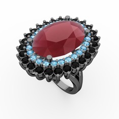 Neşe Yüzük - Kök yakut, akuamarin ve siyah zirkon 925 ayar siyah rodyum kaplama gümüş yüzük #p87e3r