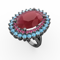 Neşe Yüzük - Kök yakut, rodolit garnet ve akuamarin 925 ayar siyah rodyum kaplama gümüş yüzük #pdgnns