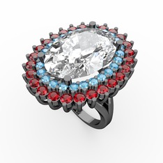 Beyaz zirkon, akuamarin ve garnet 925 ayar siyah rodyum kaplama gümüş yüzük