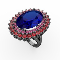 Lab safir, rodolit garnet ve garnet 925 ayar siyah rodyum kaplama gümüş yüzük