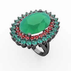 Neşe Yüzük - Kök zümrüt, garnet ve yeşil kuvars 925 ayar siyah rodyum kaplama gümüş yüzük #tgjqim