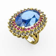 Akuamarin, rodolit garnet ve dumanlı kuvars 8 ayar altın yüzük