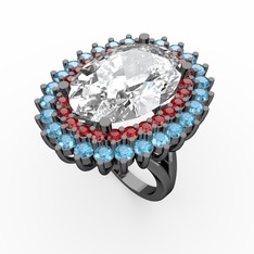 Neşe Yüzük - Beyaz zirkon, garnet ve akuamarin 925 ayar siyah rodyum kaplama gümüş yüzük #tq3odo