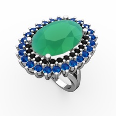 Neşe Yüzük - Kök zümrüt, siyah zirkon ve lab safir 14 ayar beyaz altın yüzük #tz93yo